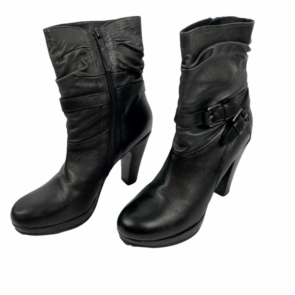 Buffalo Leather Ruched Black Ankle Boots Booties Size Euro 39 US Size 9